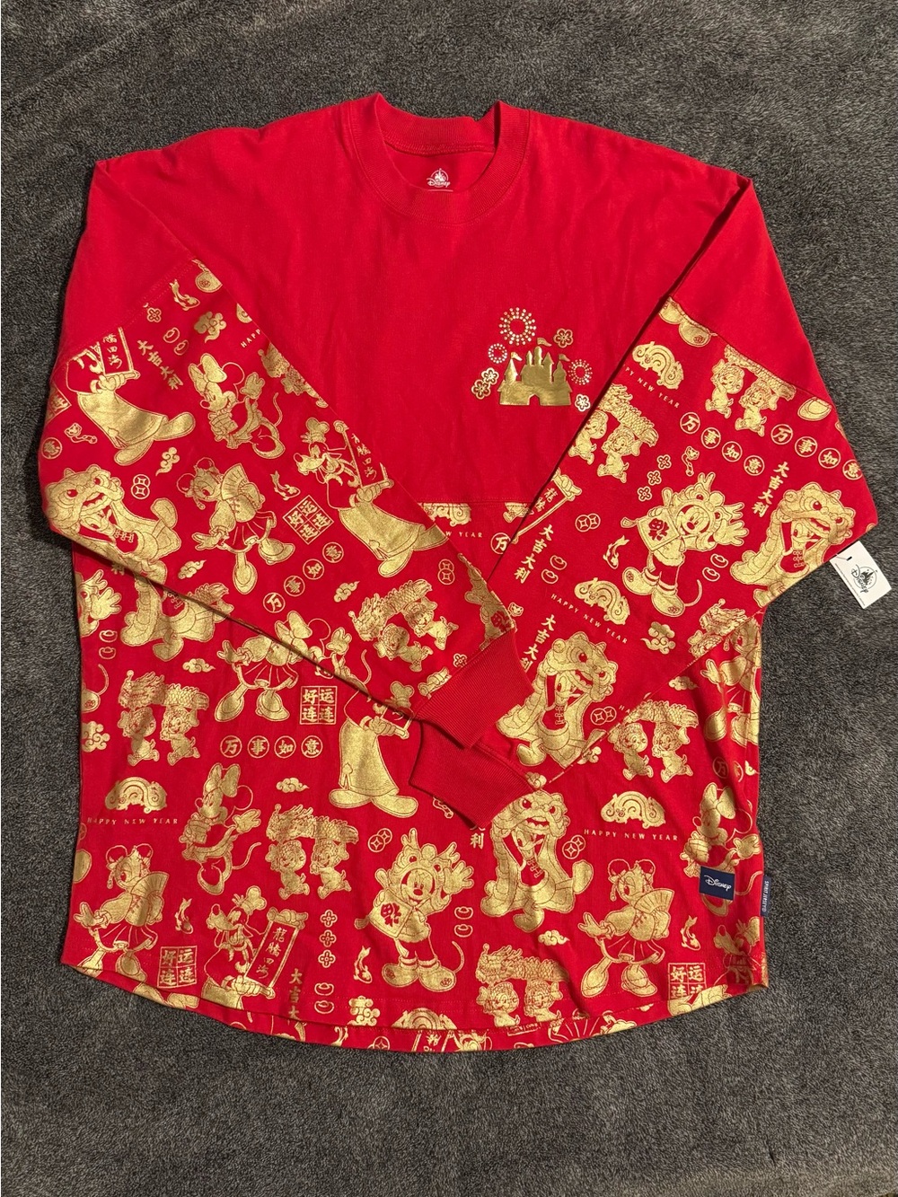 Disney Red Long-Sleeve Graphic Tee with Gold Lunar Motifs